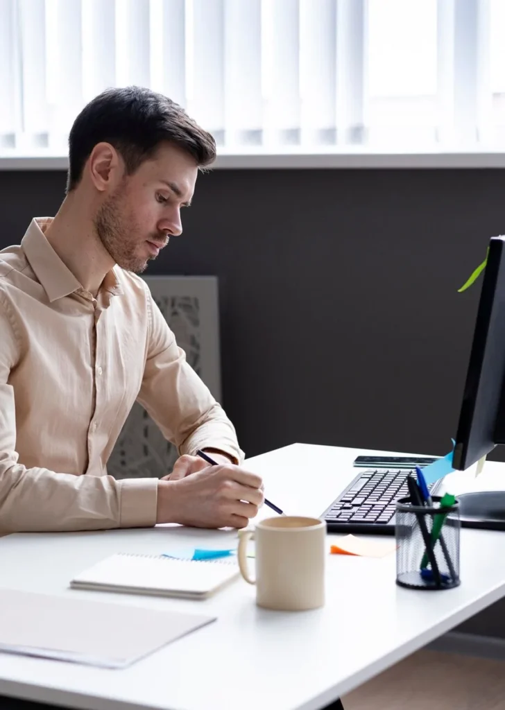 Bookkeeper reviewing client books on a desktop computer
